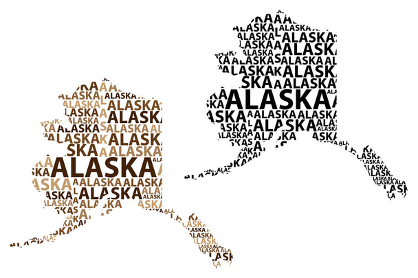Schets Alaska (Verenigde Staten van Amerika) brief tekst kaart, Alaska kaart - in de vorm van het continent, kaart Alaska - bruine en zwarte vectorillustratie - Vector, afbeelding