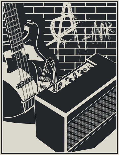 Stylizované vektorové ilustrace elektrické kytary a kytarové kombo na cihlovou zeď s pozadím graffiti - Vektor, obrázek