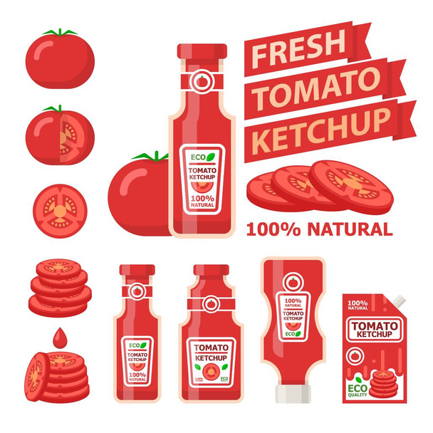 Tomaat en verse ketchup platte vector-elementen - Vector, afbeelding
