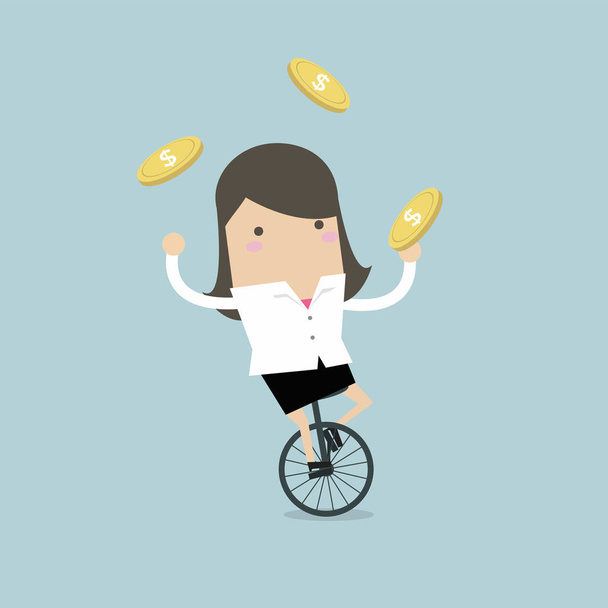 Mujer de negocios haciendo malabarismos moneda mientras pedalea
. - Vector, Imagen