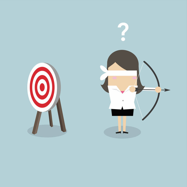 Blindfold businesswoman holding bow and arrow look for target in wrong direction. vector - Vector, Image
