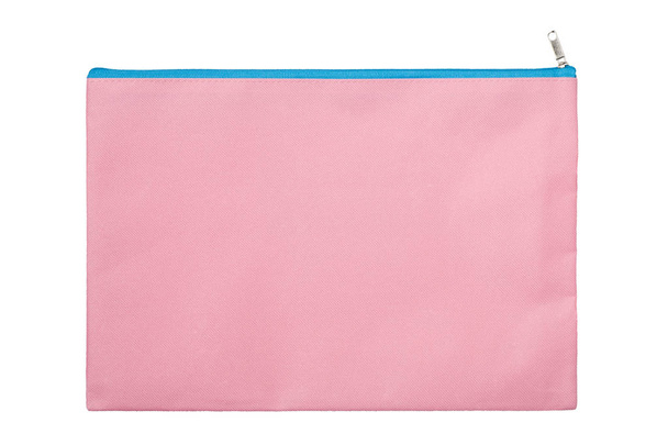 Vaaleanpunainen vetoketju laukku eristetty valkoisella taustalla
 - Valokuva, kuva