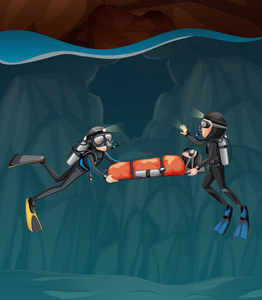 Twee duikers lieve een kind in een grot illustratie - Vector, afbeelding