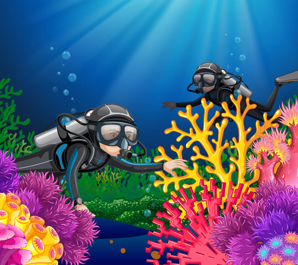 Scuba diving in deep ocean illustration - Vector, Image