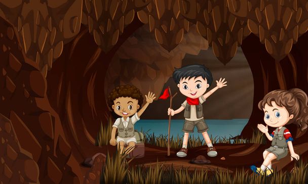 Children in a cave illustration - Vector, Image
