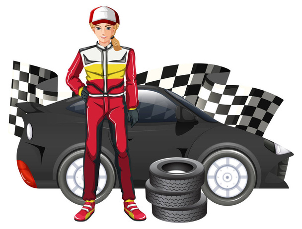 Female formula one driver and car illustration - Vector, Image