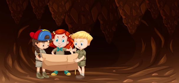 Children looking at map in cave illustration - Vector, Image
