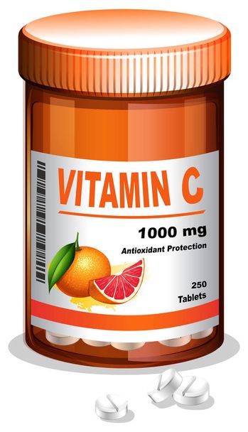 A bottle of vitamin C tablets illustration - Vector, Image