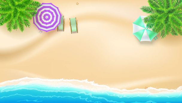 Sea shore and sandy beach, flat lay. Top view of sandy beach with summer accessories. Summer beach, palm, surf waves, sun umbrella, deck chairs. Vector background of best moments of summer. - Vector, imagen