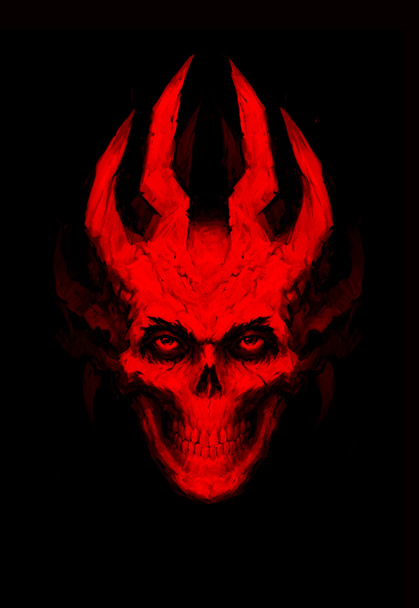 Illustration of red toothy skull with horns. Image is isolated on a black background. Cover for the album, book and site. Devil's image. Illusion for the poster. Sketch, 2D digital painting. Demon. - Φωτογραφία, εικόνα
