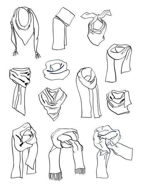 Contouren van sjaals voor meisjes, mooie verschillende modellen voor het najaar, geïsoleerd op witte achtergrond - Vector, afbeelding