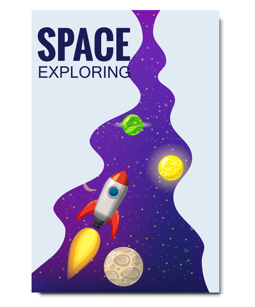 Zarys przestrzeni kosmicznej podróży kosmicznych rakiet, eksploracji wszechświata, inne planety, latających rakiet, gwiazd odległych galaktyk, szablon flyear, czasopisma, plakaty, okładki książki, banery. Wektor - Wektor, obraz