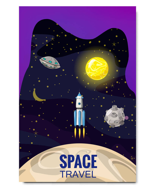 Anahat uzay roketi uzay yolculuğu, keşfi evrenin, diğer gezegenler, uçan roketler, uzak galaksilerin yıldızların, flyear, dergiler, posterler, kitap kapağı, Şablon afiş. Vektör - Vektör, Görsel