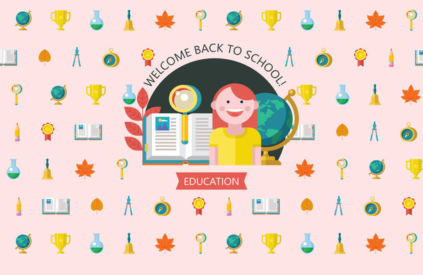 Welcome back to school. Press wall for a photo shoot. Vector emblem of education. Girl student, open book, magnifying glass, autumn leaves and globe. - Vector, Image