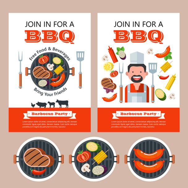 Barbecue party. Colorful invitation with space for text. Vector illustration. Grilled delicious steak, mushrooms, tomatoes, corn, sausages, zucchini and eggplant. Set of vector BBQ emblems. Cute chef. Set of silhouettes of farm animals. Cow, pig, lam - Vector, Image
