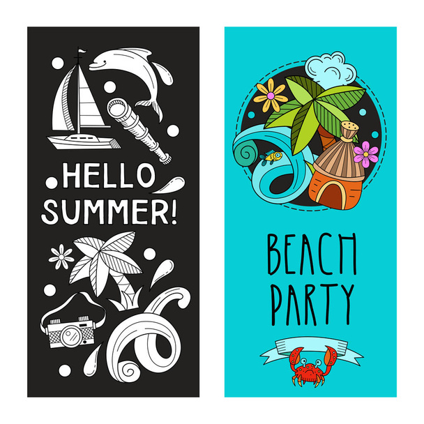 Cartoon hand drawn Doodle summer holiday poster design template. Very detailed, with lots of individual elements. All elements are isolated. - Vektor, Bild