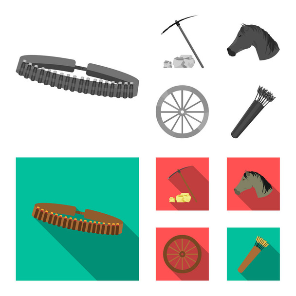Pickax hoe, horse head, wheel cart, quiver with arrows.Wild west set collection icons in monochrome,flat style vector symbol stock illustration web. - Διάνυσμα, εικόνα
