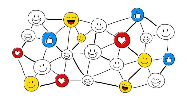 Divertido concepto de red de redes sociales con emoji dibujado a mano. Vector
. - Vector, imagen