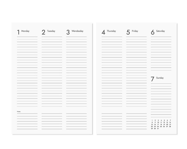 Realistic blank diary pages with weekly and monthly calendar - vector - Vector, Image