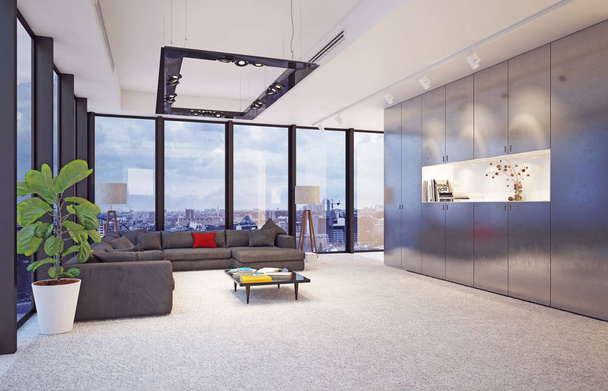 interior moderno com grandes janelas de vidro, design de conceito de renderização 3d
 - Foto, Imagem