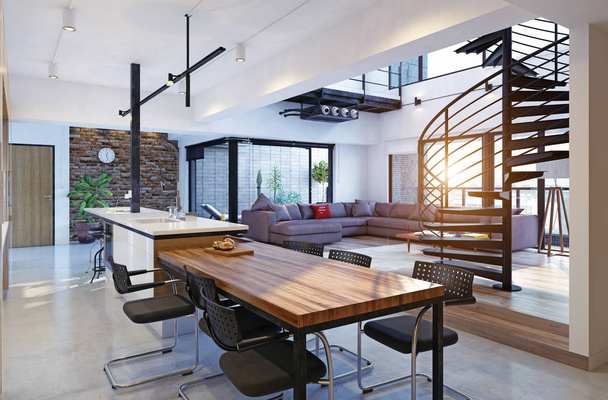 Luksusowy loft nowoczesne wnętrze mieszkania. koncepcja renderowania 3D - Zdjęcie, obraz