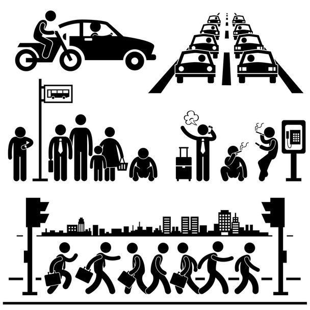 Città urbana vita metropolitana ettica strada traffico occupato ora di punta uomo bastone figura pittogramma icona
 - Vettoriali, immagini