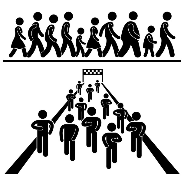 Gemeenschap lopen en lopen marcherende marathon rally stok figuur pictogram pictogram - Vector, afbeelding