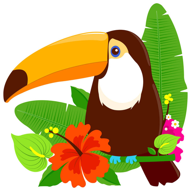 Tropical summer arrangement with toucan bird and exotic plants. Vector illustration - Vektor, kép