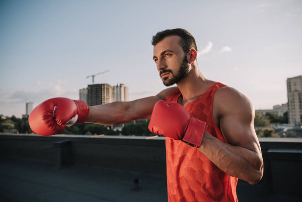 handsome boxer training with boxing gloves on roof - Foto, Imagem