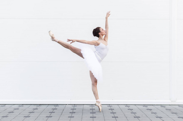 Beautiful young ballerina posing in white tutu, outdoors. - Photo, image