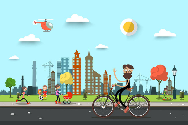 Man on Bicycle on Street with People on City Park on Background. Urban Vector Landscape Scene. - Vector, Image