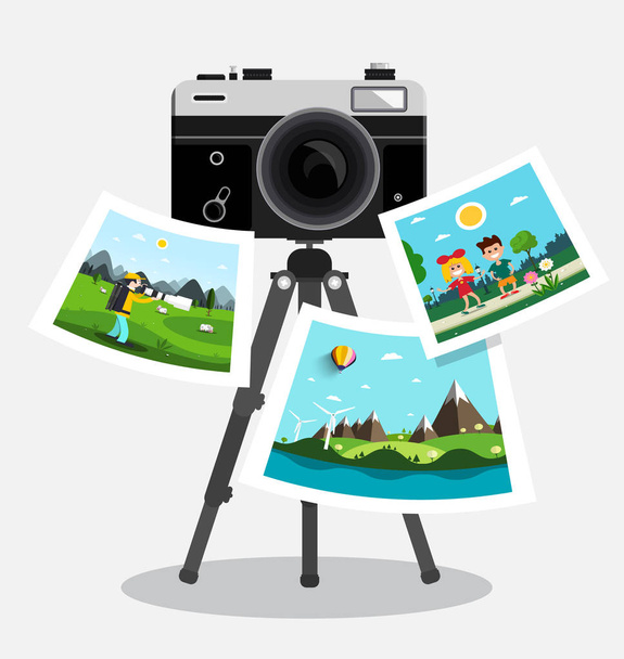 Retro Film fotocamera op statief met foto's op papier - Vector digitale fotografie symbool - Vector, afbeelding