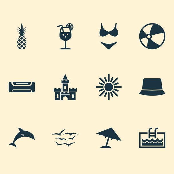 Season icons set with pool, sand castle, swimsuits bikini elements. Isolated  illustration season icons. - Photo, Image