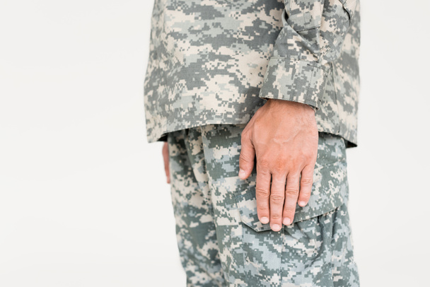 cropped shot of soldier in military uniform isolated on grey - 写真・画像