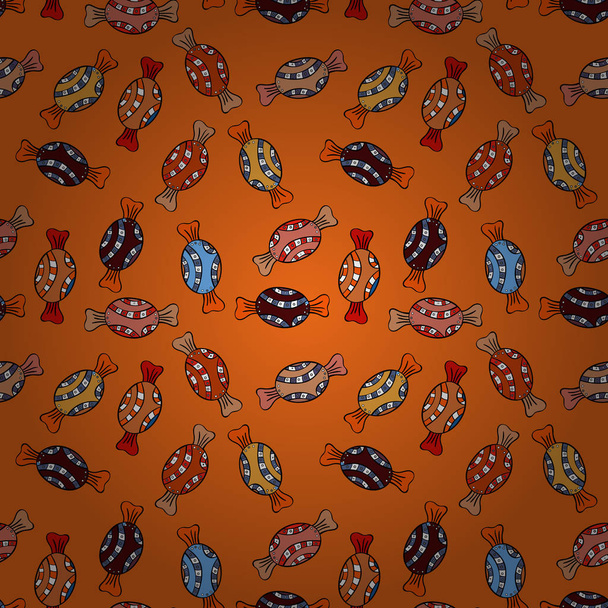Wrapping paper for Christmas gifts. Christmas vector seamless pattern with candies on orange, black and brown background. New year Vector illustration. - Vector, Image