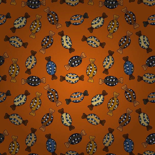 キュートでカラフルなキャンディ オレンジ、黒、黄色、茶色と青の背景に甘いシームレス パターン。オレンジ、黒、黄色、茶色と青バージョンです。分離されました。ベクトル図. - ベクター画像