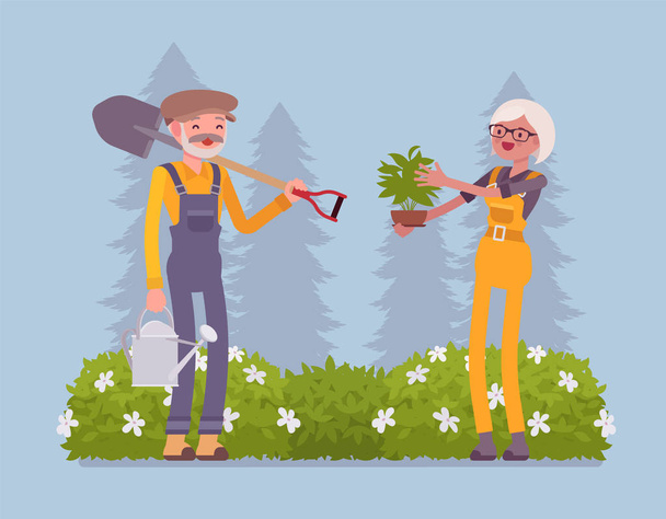 Vanhukset puutarhurit työskentelevät
 - Vektori, kuva