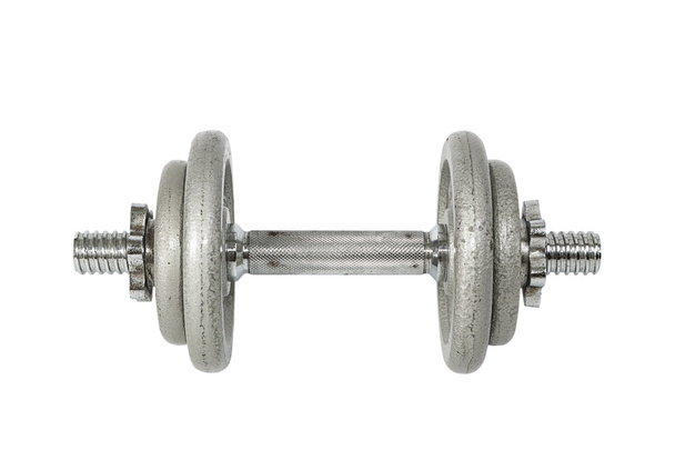 Silver metal dumbbell isolated on white - Photo, Image