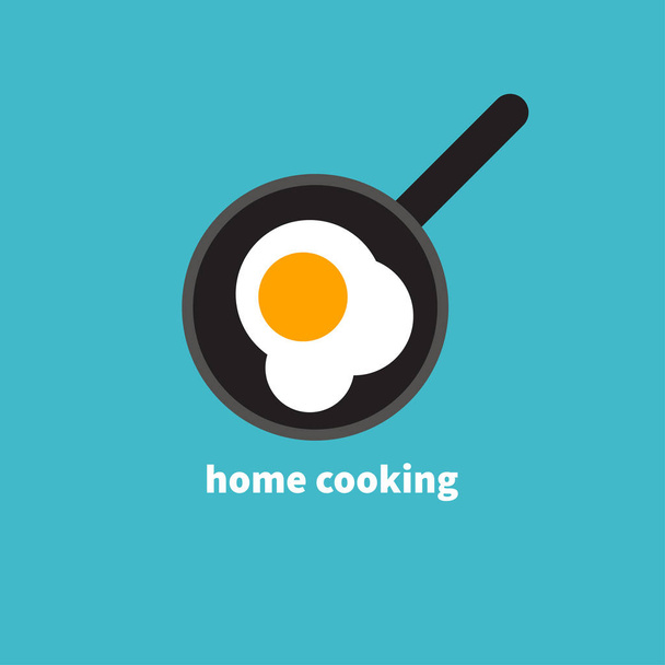 Пища домашнего приготовления, жареные яйца, жареные яйца на сковороде, здоровый завтрак, завтрак домашней приготовления в кафе, икона омлета. Векторная иллюстрация
 - Вектор,изображение