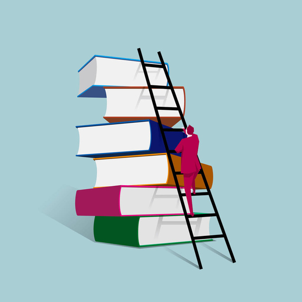 Businessman climbs the books from the ladder. The background is blue - Vektori, kuva