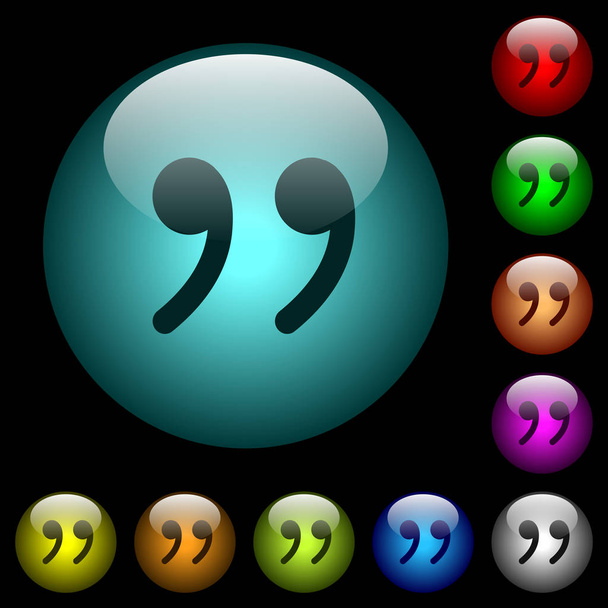 Quotation mark icons in color illuminated spherical glass buttons on black background. Can be used to black or dark templates - Vector, Image