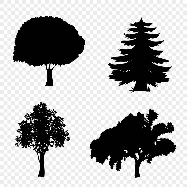 Vector set of trees icons. Black silhouettes of foliar and pine trees isolated on transparent background. - Vector, Image