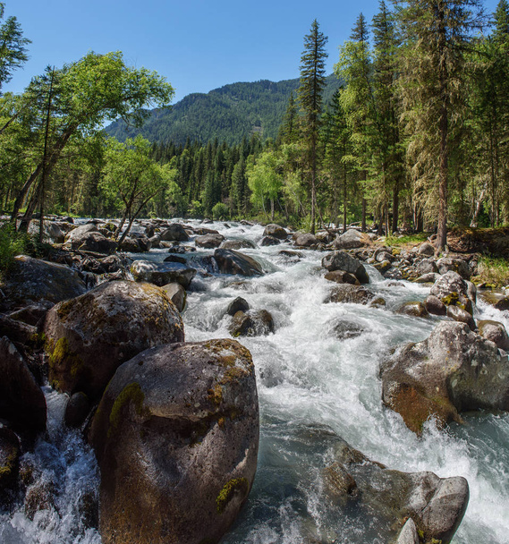 A stream of water flows through a rounded stone in a mountain river. In the background are trees and mountains. - Photo, Image