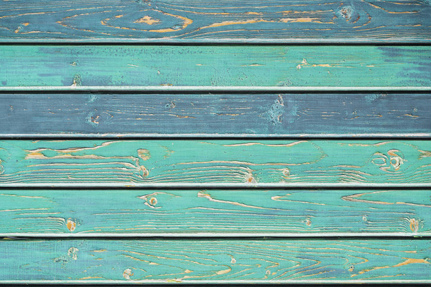 Wooden plank texture in turquoise green shades, hues. Rustic natural wooden planks, cracks, scratches for background with space for text - Photo, Image
