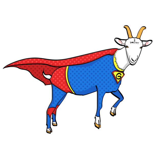 Objeto isolado sobre fundo branco. Moscas cabra animal vestido como super-herói com roupas personagem Vigilante. Estilo cômico, vetor
 - Vetor, Imagem