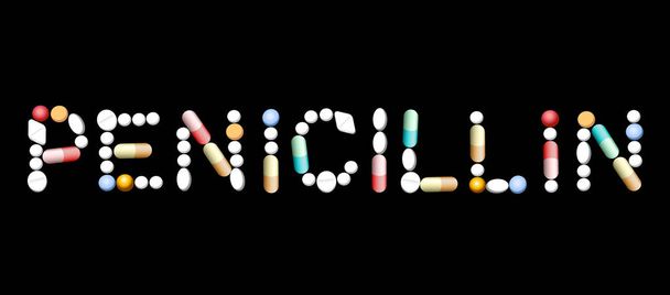 Penicilin s pilulky, kapsle, tablety. Vektorové ilustrace na černém pozadí. - Vektor, obrázek