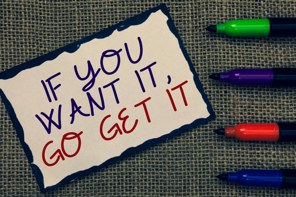 Text sign showing If You Want It, Go Get It.. Conceptual photo Make actions to accomplish your goals wishes Blue bordered page drawn some texts laid color pen jute background - Photo, Image