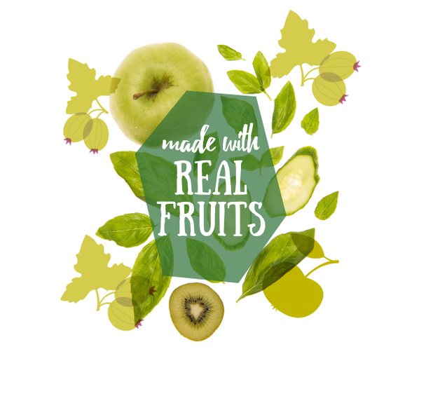 different organic green fruits and vegetables isolated on white with "made with real fruits" lettering - Valokuva, kuva