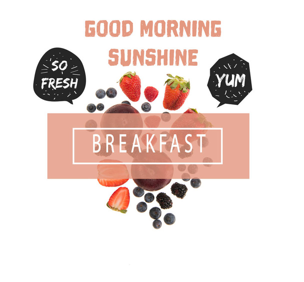 erilaiset orgaaniset hedelmät ja marjat eristetty valkoinen, jossa "hyvää huomenta auringonpaiste", "niin tuore", "nam" ja "aamiainen" kirjoituksia
 - Valokuva, kuva