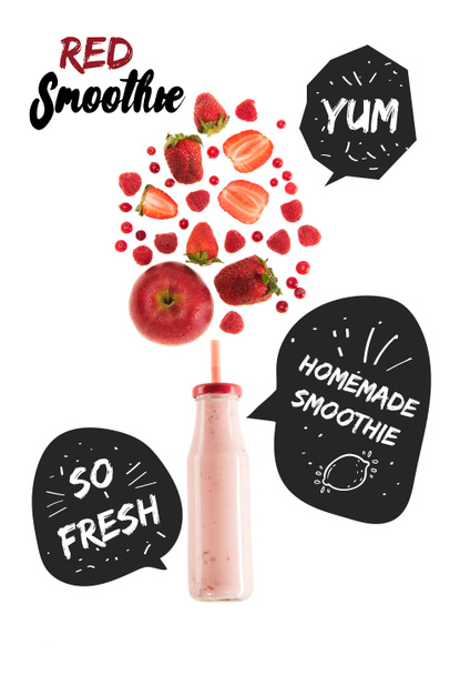 червоні здорові ягоди смузі в скляній пляшці ізольовані на білому, з "домашнім смузі" і "так свіжі" натхнення в мовних бульбашках
 - Фото, зображення